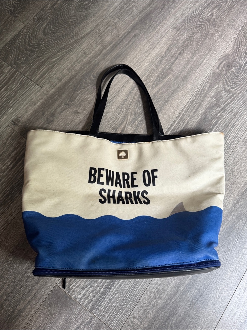 kate spade Cream and Blue 'Beware of Sharks' Canvas Tote